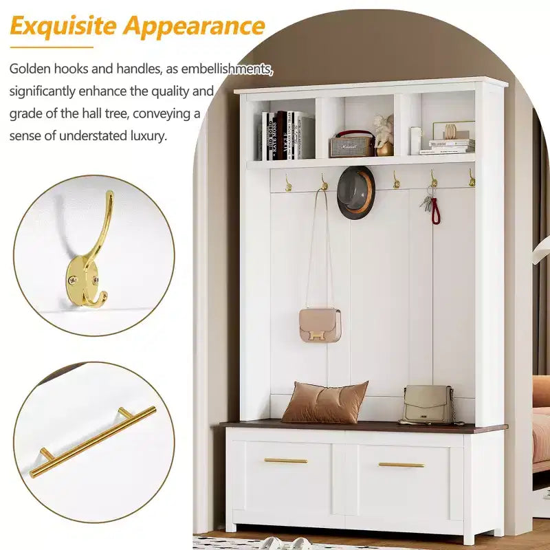CLIHOME Arbre d'entrée polyvalent 4-en-1 avec 6 crochets dorés, banc grain de bois avec multiples espaces de rangement, porte-manteau d'entrée avec 2 tiroirs