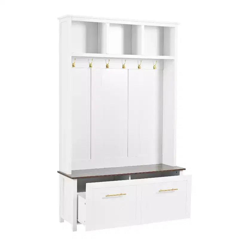 CLIHOME Arbre d'entrée polyvalent 4-en-1 avec 6 crochets dorés, banc grain de bois avec multiples espaces de rangement, porte-manteau d'entrée avec 2 tiroirs