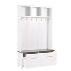 CLIHOME Arbre d'entrée polyvalent 4-en-1 avec 6 crochets dorés, banc grain de bois avec multiples espaces de rangement, porte-manteau d'entrée avec 2 tiroirs