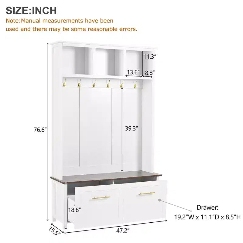CLIHOME Arbre d'entrée polyvalent 4-en-1 avec 6 crochets dorés, banc grain de bois avec multiples espaces de rangement, porte-manteau d'entrée avec 2 tiroirs