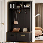 CLIHOME Arbre d'entrée polyvalent 4-en-1 avec 6 crochets dorés, banc grain de bois avec multiples espaces de rangement, porte-manteau d'entrée avec 2 tiroirs