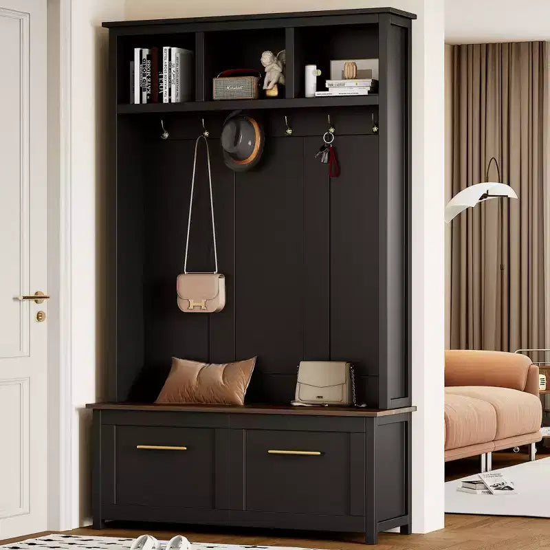 CLIHOME Arbre d'entrée polyvalent 4-en-1 avec 6 crochets dorés, banc grain de bois avec multiples espaces de rangement, porte-manteau d'entrée avec 2 tiroirs