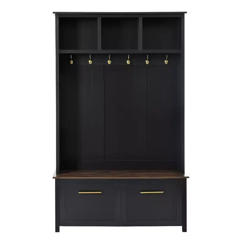 CLIHOME Arbre d'entrée polyvalent 4-en-1 avec 6 crochets dorés, banc grain de bois avec multiples espaces de rangement, porte-manteau d'entrée avec 2 tiroirs