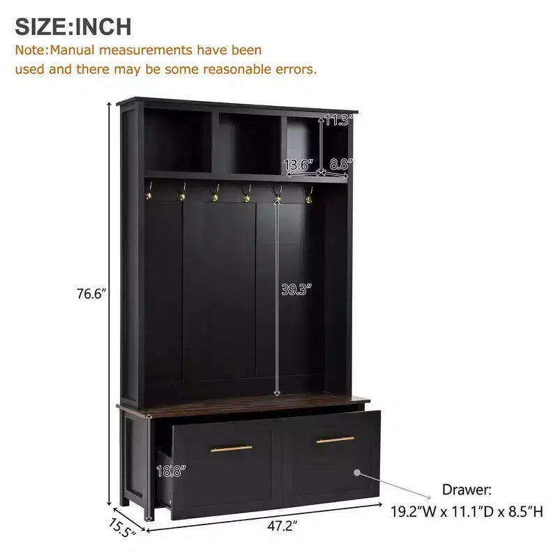 CLIHOME Arbre d'entrée polyvalent 4-en-1 avec 6 crochets dorés, banc grain de bois avec multiples espaces de rangement, porte-manteau d'entrée avec 2 tiroirs