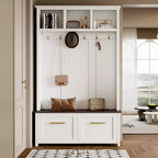 CLIHOME Arbre d'entrée polyvalent 4-en-1 avec 6 crochets dorés, banc grain de bois avec multiples espaces de rangement, porte-manteau d'entrée avec 2 tiroirs
