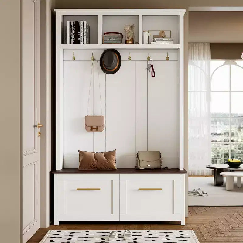 CLIHOME Arbre d'entrée polyvalent 4-en-1 avec 6 crochets dorés, banc grain de bois avec multiples espaces de rangement, porte-manteau d'entrée avec 2 tiroirs