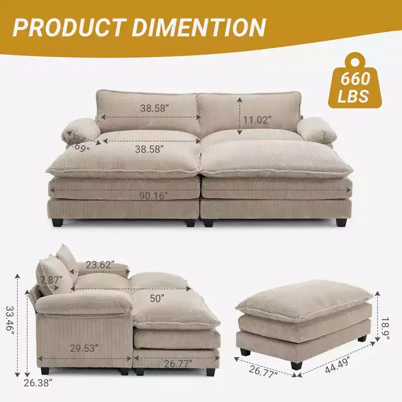Karl Home | Canapé-lit modulaire nuage en velours côtelé blanc cassé de 228 cm de large