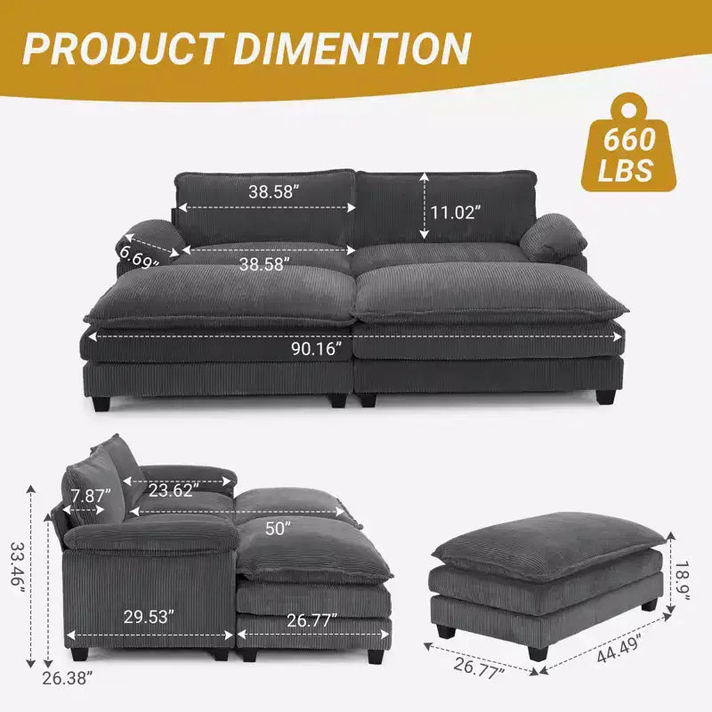 Karl Home | Canapé-lit modulaire nuage en velours côtelé blanc cassé de 228 cm de large