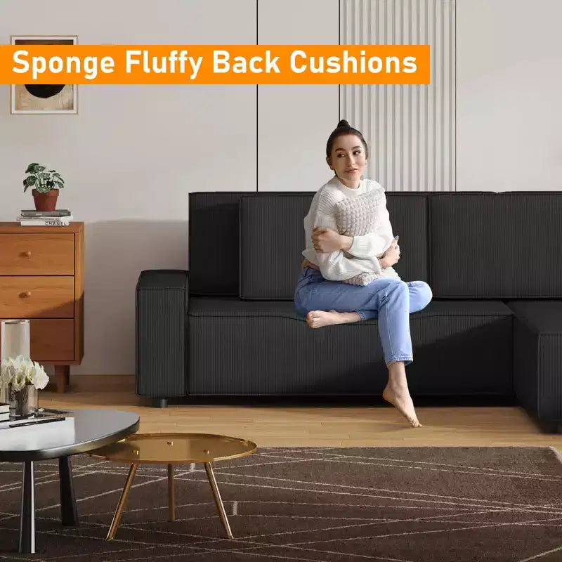 Grand canapé 244 cm en velours côtelé rayé, grand canapé d'angle moderne en forme de L avec assise profonde, canapé modulaire confortable pour salon, appartement, studio