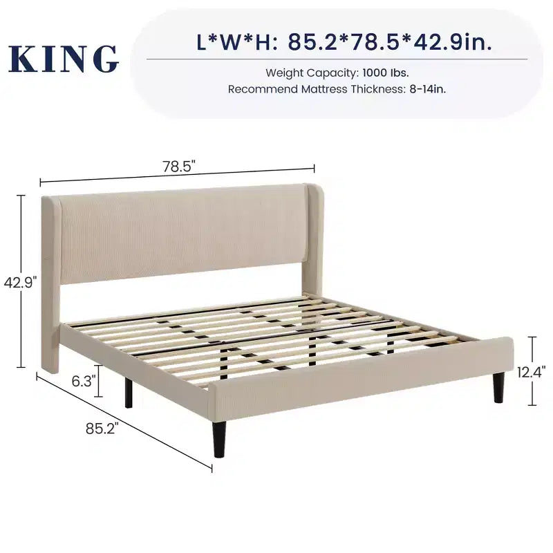 Cadre de lit King, lit plateforme avec tête de lit capitonnée, cadre de lit rembourré avec 2 poches de rangement, support à lattes en bois solide, montage facile