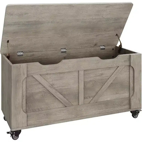 Acekool Coffre de rangement avec roulettes, banc de coffre en bois de 100 cm avec charnières de sécurité, supporte 159 kg, coins arrondis, entrée, salon, gris