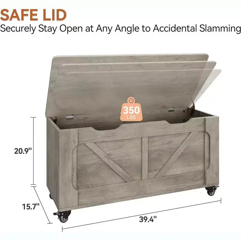 Acekool Coffre de rangement avec roulettes, banc de coffre en bois de 100 cm avec charnières de sécurité, supporte 159 kg, coins arrondis, entrée, salon, gris