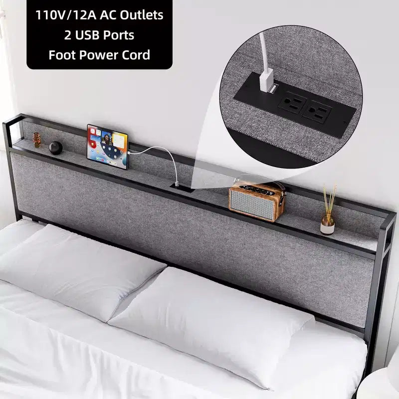 Cadre de lit King Size avec tête de lit de rangement - 2 tiroirs, station de charge, capitonné, dégagement sous le lit de 26 cm, silencieux