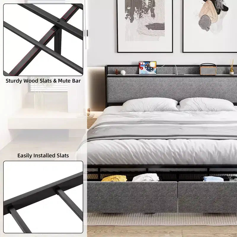 Cadre de lit King Size avec tête de lit de rangement - 2 tiroirs, station de charge, capitonné, dégagement sous le lit de 26 cm, silencieux