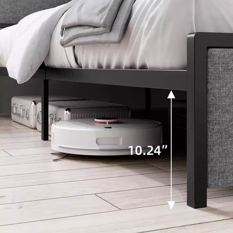 Cadre de lit King Size avec tête de lit de rangement - 2 tiroirs, station de charge, capitonné, dégagement sous le lit de 26 cm, silencieux