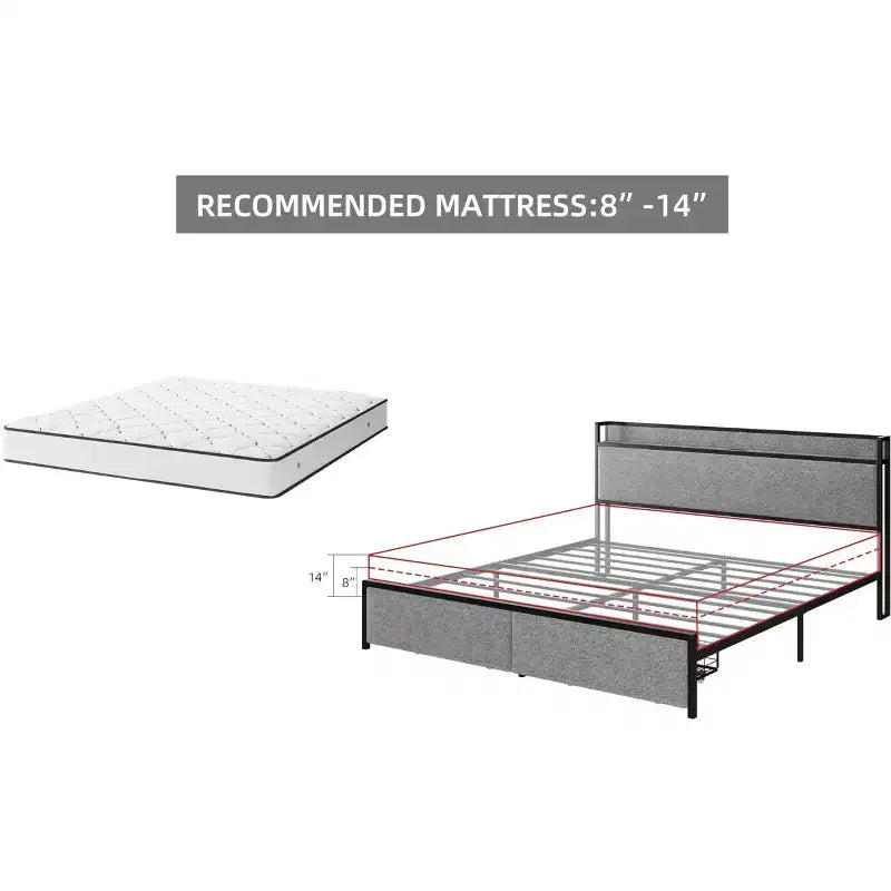 Cadre de lit King Size avec tête de lit de rangement - 2 tiroirs, station de charge, capitonné, dégagement sous le lit de 26 cm, silencieux