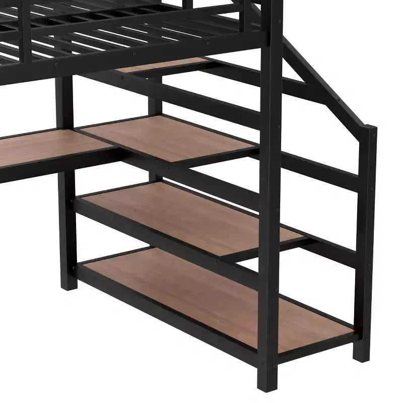 Lit mezzanine en métal double/grand format avec bureau, lumière LED, ports USB, escalier de rangement et filets en fer multifonctionnels, noir - ModernLuxe