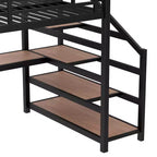 Lit mezzanine en métal double/grand format avec bureau, lumière LED, ports USB, escalier de rangement et filets en fer multifonctionnels, noir - ModernLuxe