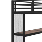 Lit mezzanine en métal double/grand format avec bureau, lumière LED, ports USB, escalier de rangement et filets en fer multifonctionnels, noir - ModernLuxe