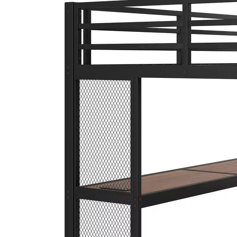 Lit mezzanine en métal double/grand format avec bureau, lumière LED, ports USB, escalier de rangement et filets en fer multifonctionnels, noir - ModernLuxe