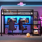 Lit mezzanine en métal double/grand format avec bureau, lumière LED, ports USB, escalier de rangement et filets en fer multifonctionnels, noir - ModernLuxe