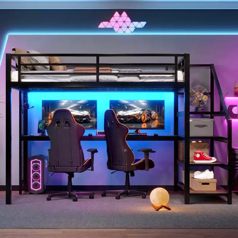 Lit mezzanine en métal double/grand format avec bureau, lumière LED, ports USB, escalier de rangement et filets en fer multifonctionnels, noir - ModernLuxe