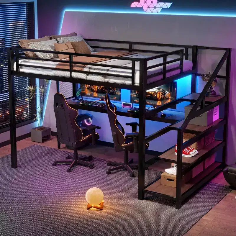 Lit mezzanine en métal double/grand format avec bureau, lumière LED, ports USB, escalier de rangement et filets en fer multifonctionnels, noir - ModernLuxe