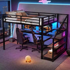 Lit mezzanine en métal double/grand format avec bureau, lumière LED, ports USB, escalier de rangement et filets en fer multifonctionnels, noir - ModernLuxe