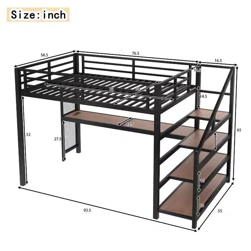 Lit mezzanine en métal double/grand format avec bureau, lumière LED, ports USB, escalier de rangement et filets en fer multifonctionnels, noir - ModernLuxe