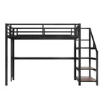 Lit mezzanine en métal double/grand format avec bureau, lumière LED, ports USB, escalier de rangement et filets en fer multifonctionnels, noir - ModernLuxe