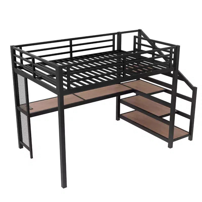 Lit mezzanine en métal double/grand format avec bureau, lumière LED, ports USB, escalier de rangement et filets en fer multifonctionnels, noir - ModernLuxe