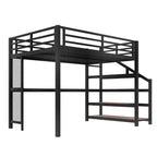 Lit mezzanine en métal double/grand format avec bureau, lumière LED, ports USB, escalier de rangement et filets en fer multifonctionnels, noir - ModernLuxe
