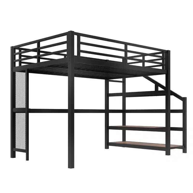 Lit mezzanine en métal double/grand format avec bureau, lumière LED, ports USB, escalier de rangement et filets en fer multifonctionnels, noir - ModernLuxe