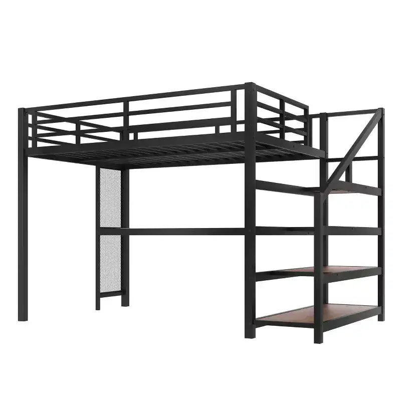 Lit mezzanine en métal double/grand format avec bureau, lumière LED, ports USB, escalier de rangement et filets en fer multifonctionnels, noir - ModernLuxe