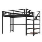 Lit mezzanine en métal double/grand format avec bureau, lumière LED, ports USB, escalier de rangement et filets en fer multifonctionnels, noir - ModernLuxe