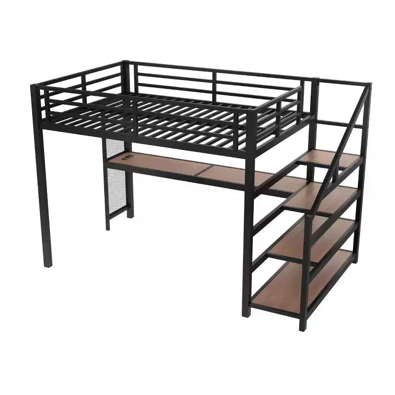 Lit mezzanine en métal double/grand format avec bureau, lumière LED, ports USB, escalier de rangement et filets en fer multifonctionnels, noir - ModernLuxe