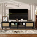 MAYEERTY Rattan TV Stand for TVs up to 85, Modern Framhouse Media Console, Entertainment with SOlid Wood Legs for living Room
