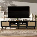 Meuble TV en rotin MAYEERTY pour téléviseurs jusqu'à 85", console média moderne de style ferme, meuble de divertissement avec pieds en bois massif pour salon