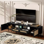 Meuble TV en rotin MAYEERTY pour téléviseurs jusqu'à 85", console média moderne de style ferme, meuble de divertissement avec pieds en bois massif pour salon