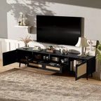 Meuble TV en rotin MAYEERTY pour téléviseurs jusqu'à 85", console média moderne de style ferme, meuble de divertissement avec pieds en bois massif pour salon