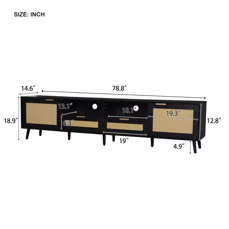 Meuble TV en rotin MAYEERTY pour téléviseurs jusqu'à 85", console média moderne de style ferme, meuble de divertissement avec pieds en bois massif pour salon