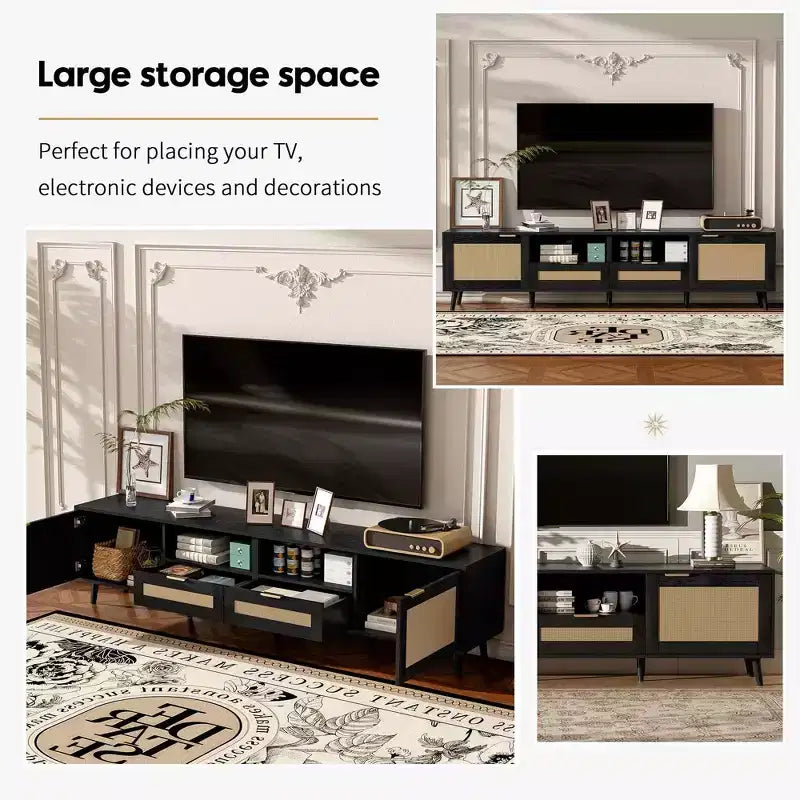 Meuble TV en rotin MAYEERTY pour téléviseurs jusqu'à 85", console média moderne de style ferme, meuble de divertissement avec pieds en bois massif pour salon