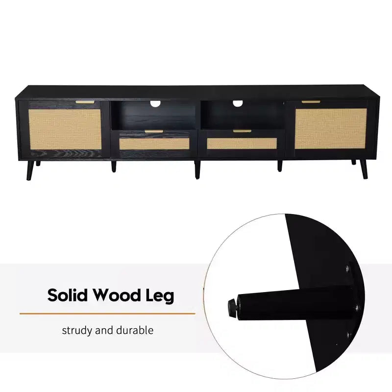Meuble TV en rotin MAYEERTY pour téléviseurs jusqu'à 85", console média moderne de style ferme, meuble de divertissement avec pieds en bois massif pour salon