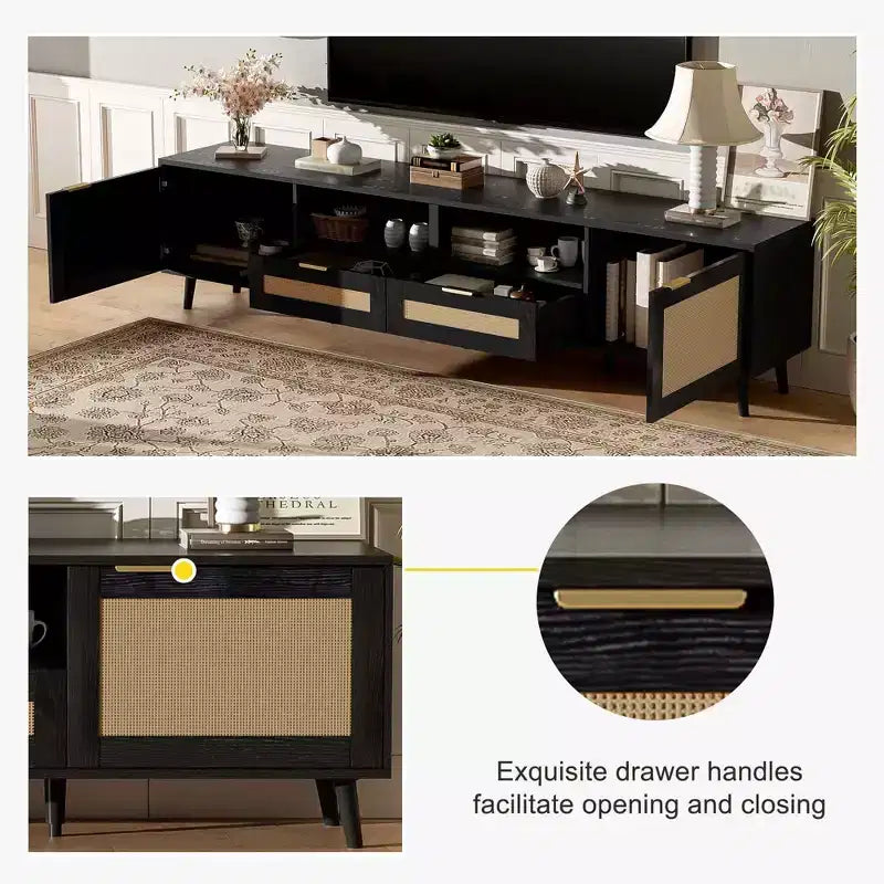 Meuble TV en rotin MAYEERTY pour téléviseurs jusqu'à 85", console média moderne de style ferme, meuble de divertissement avec pieds en bois massif pour salon
