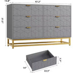 Commode Acekool à 6 tiroirs, commode géométrique moderne avec accents dorés et étagère ouverte, rangement large pour chambre, salon, entrée