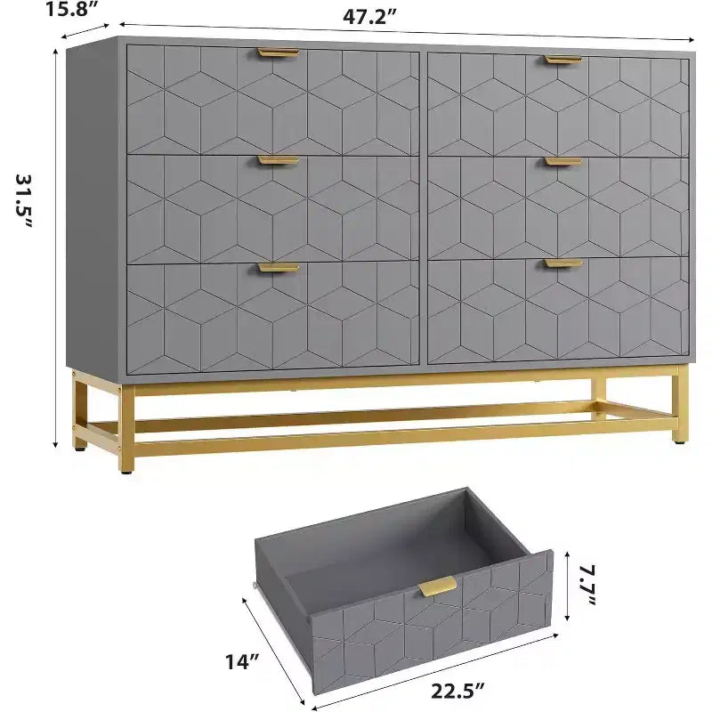 Commode Acekool à 6 tiroirs, commode géométrique moderne avec accents dorés et étagère ouverte, rangement large pour chambre, salon, entrée