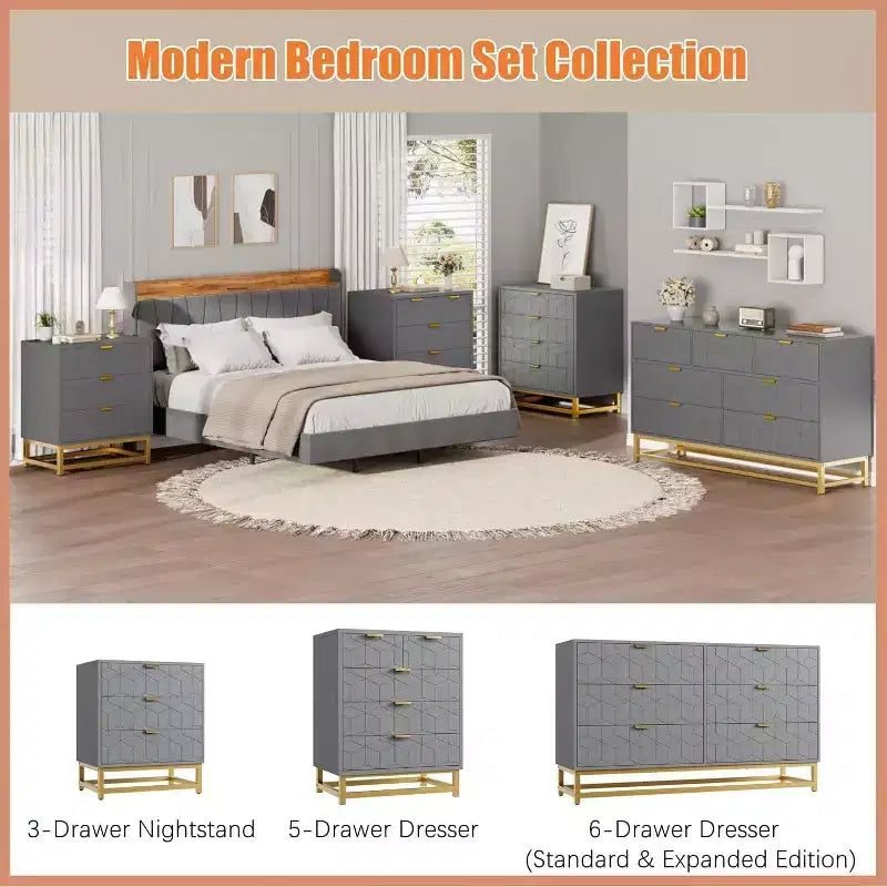 Commode Acekool à 6 tiroirs, commode géométrique moderne avec accents dorés et étagère ouverte, rangement large pour chambre, salon, entrée