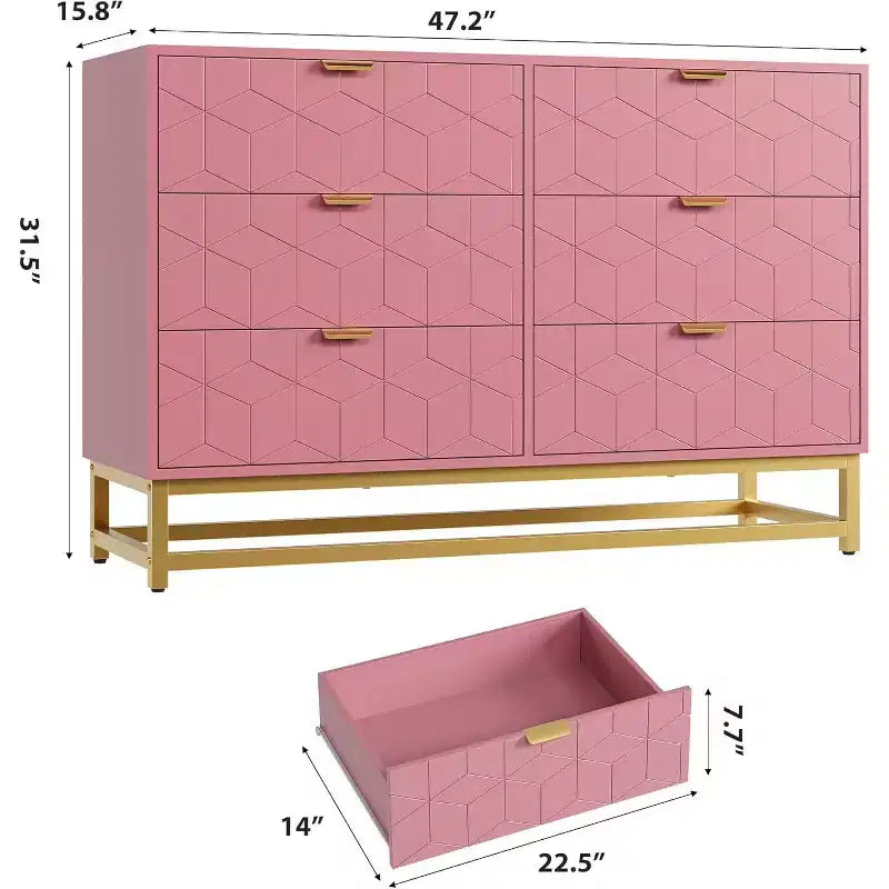 Commode Acekool à 6 tiroirs, commode géométrique moderne avec accents dorés et étagère ouverte, rangement large pour chambre, salon, entrée
