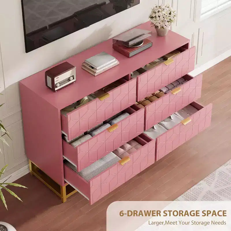 Commode Acekool à 6 tiroirs, commode géométrique moderne avec accents dorés et étagère ouverte, rangement large pour chambre, salon, entrée