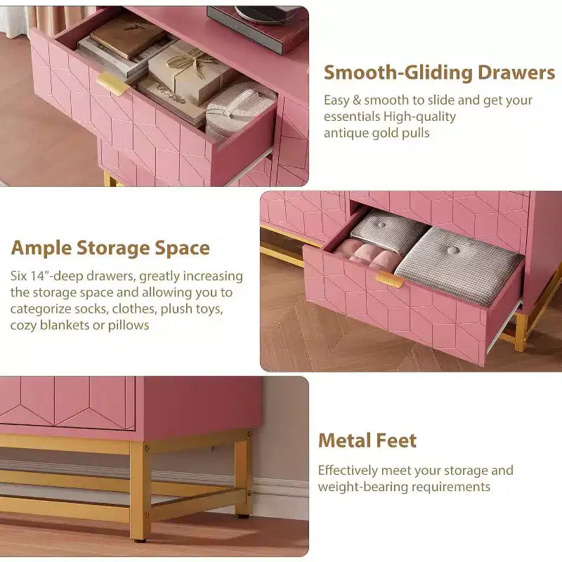 Commode Acekool à 6 tiroirs, commode géométrique moderne avec accents dorés et étagère ouverte, rangement large pour chambre, salon, entrée
